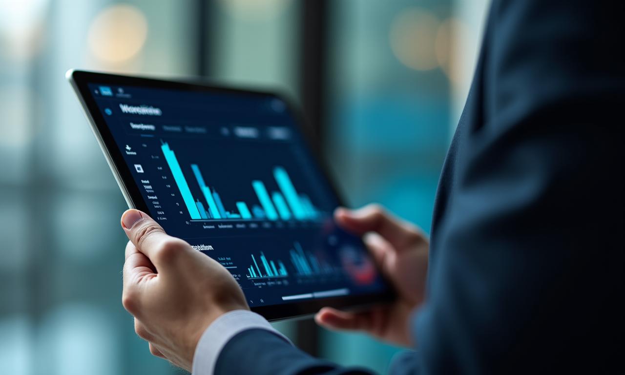 Executive holding a tablet showing a clean, high-tech AI dashboard